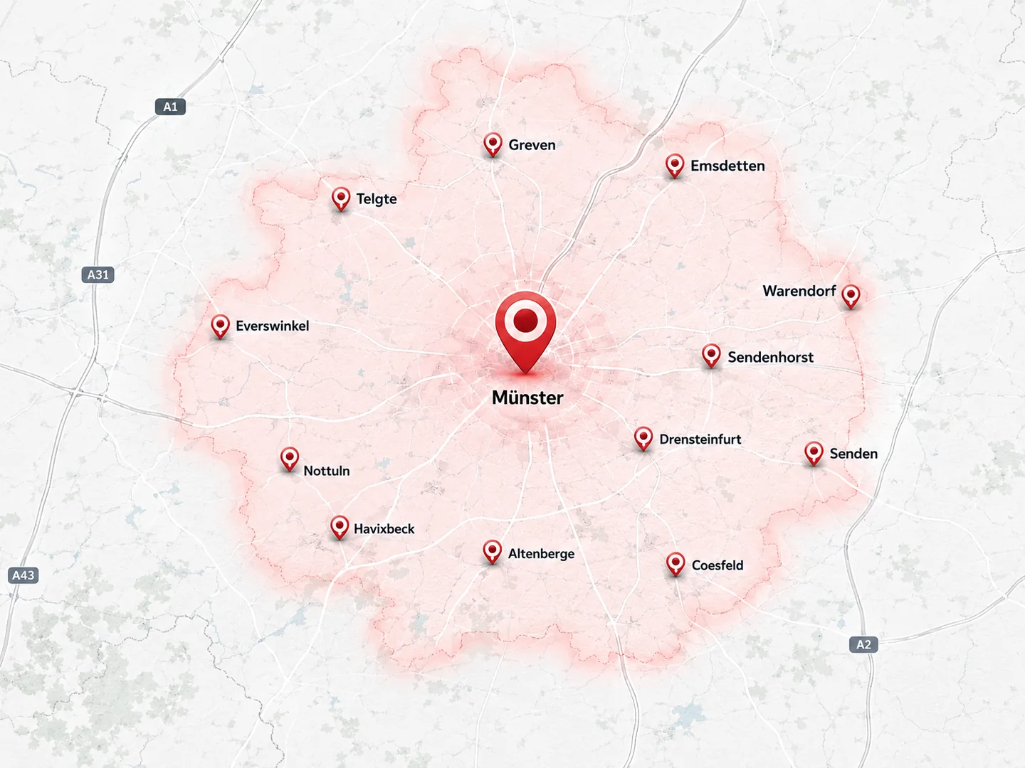 Karte des Einsatzgebiets von Schwarz Gebäudeservice: Münster und rund 50 Kilometer Umkreis